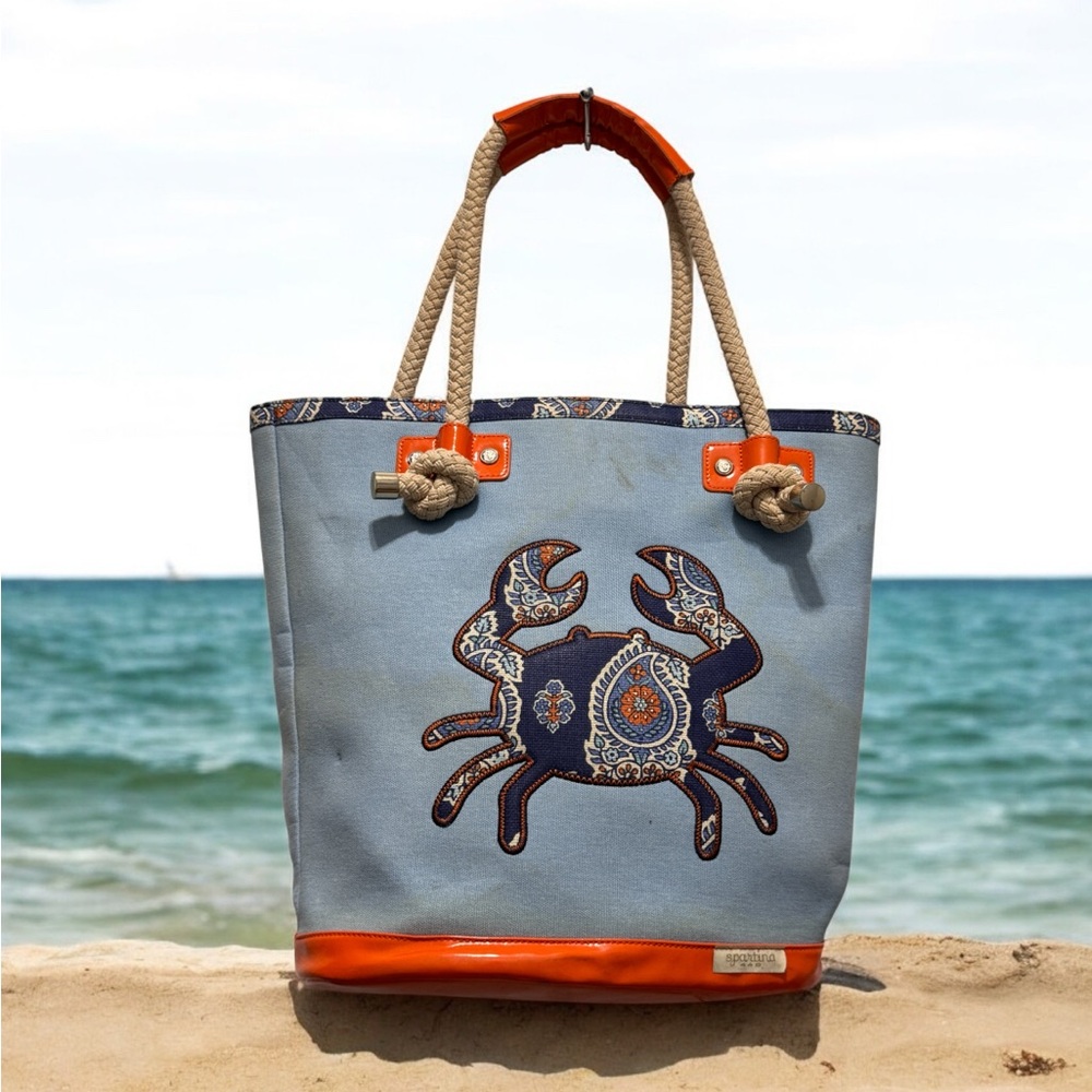 Spartina 449 Blue and Orange beach Tote Bag with Crab Design - Picture 6 of 13